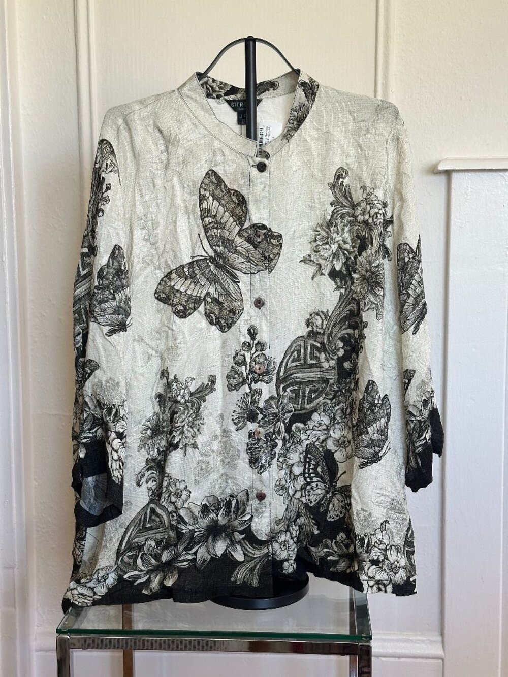 Citron Silk Blend Butterfly Art Blouse | NWT Mandarin Collar Top | 2X